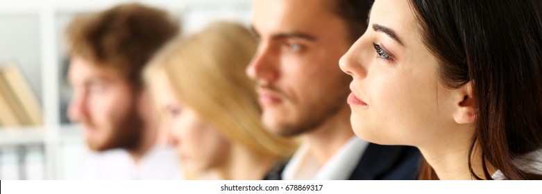 Group Of People Listen Carefully During Seminar In Office Portrait. Study Event, Client Conversation, Plan Creative Job, Customer Support Service, Case Hear In Court, Leader Performance Concept