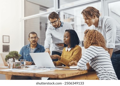 Group, people and meeting on laptop in office with online research, brainstorming and feedback of proposal. Teamwork, digital and review budget for kpi report, profit growth and project management - Powered by Shutterstock