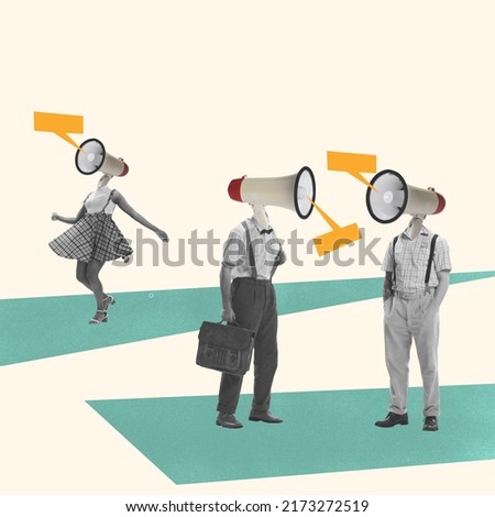 Group of people with megaphones instead their heads. Contemporary art collage. Ideas, imagination, art, surrealism. Concept of social issues, propaganda, mental health. Information broadcast.