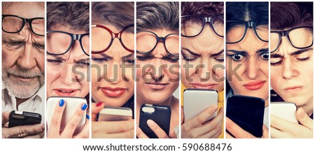 Group of people men and women with glasses having trouble seeing cell phone, vision problems. Bad text message.