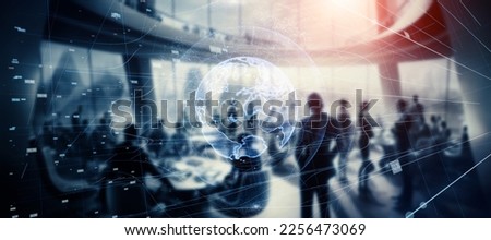 Group of people in the office and global network concept. Wide angle visual for banners or advertisements.
