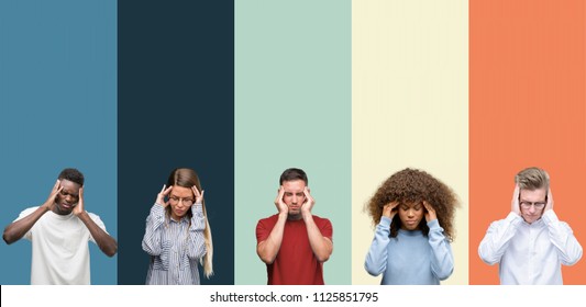 Group Of People Over Vintage Colors Background With Hand On Head For Pain In Head Because Stress. Suffering Migraine.