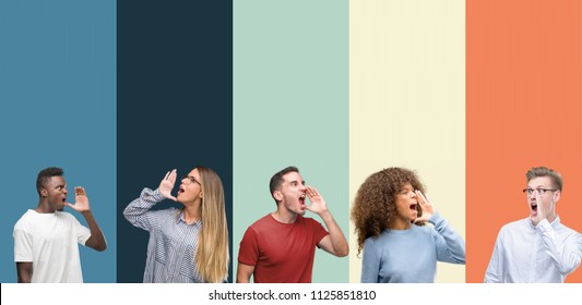 Group of people over vintage colors background shouting and screaming loud to side with hand on mouth. Communication concept.