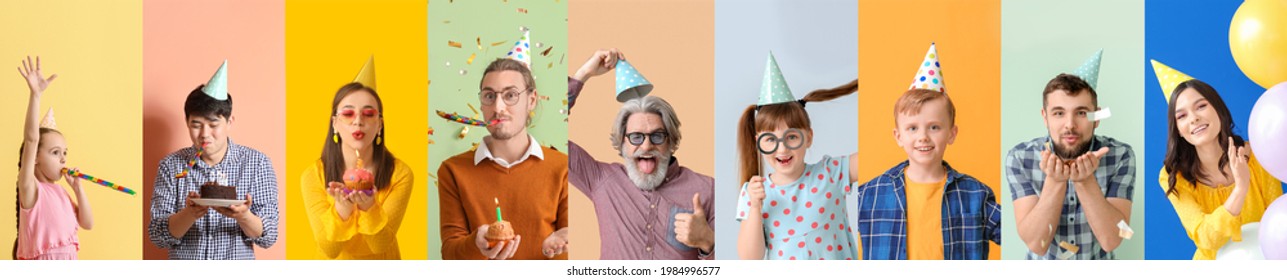 Group Of People In Party Hats On Color Background