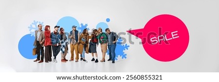 Group of people pointing excitedly at large SALE speech bubble, surrounded by snowflakes and festive colors. Concept of winter sales, shopping, holiday preparation. Banner