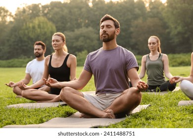 Group of people practicing yoga on mats outdoors. Lotus pose - Powered by Shutterstock