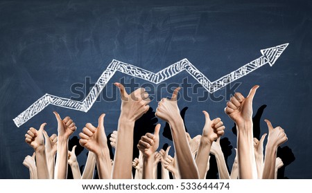 Group of people rise hands . Mixed media