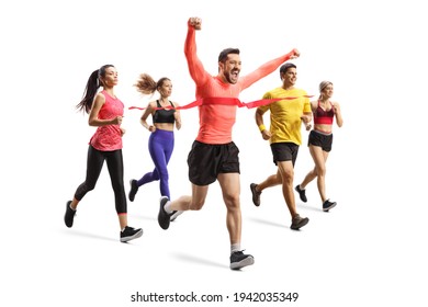 Group Of People Running A Race To The Finish Line Isolated On White Background