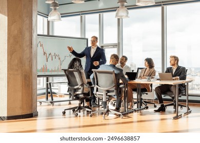 A group of people is sitting around a table in a modern office, listening to a presentation on a large screen. The screen displays a financial chart. The presenter is standing, pointing to the chart