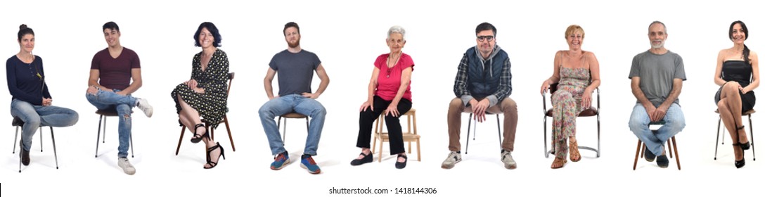 group of people sitting on white background