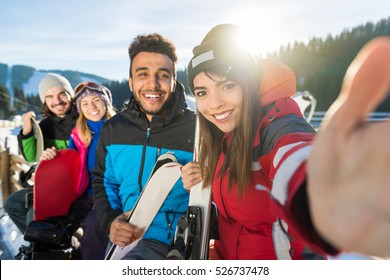 Group Of People Ski Snowboard Resort Winter Snow Mountain Smiling Friends Taking Selfie Photo Holiday Holiday Extreme Sport Vacation