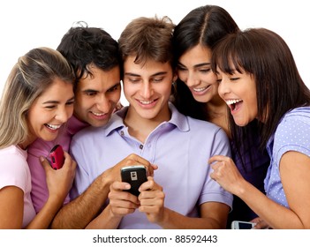 Group Of People Social Networking On A Cell Phone - Isolated Over White