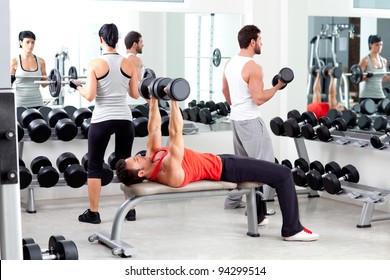 group of people in sport fitness gym weight training equipment indoor