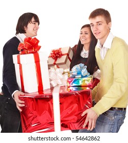 Group people  with stack gift box. Isolated.