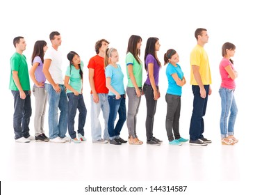 A Group Of People Standing In The Queue, Isolated On White.