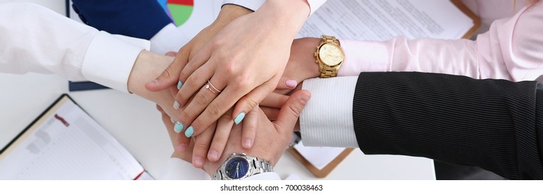 Group Of People In Suits Crossed Hands In Pile For Win Closeup. White Collar Leadership, High Five, Cooperation Initiative Achievement, Corporate Life Style, Friendship Deal, Heap, Stack Concept