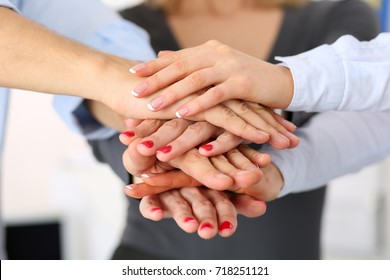 Group Of People In Suits Crossed Hands In Pile For Win Closeup. White Collar Leadership, High Five, Cooperation Initiative Achievement, Corporate Life Style, Friendship Deal, Heap, Stack Concept