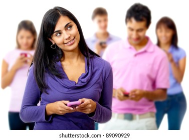 Group Of People Texting On Their Cell Phones - Isolated Over A White Background