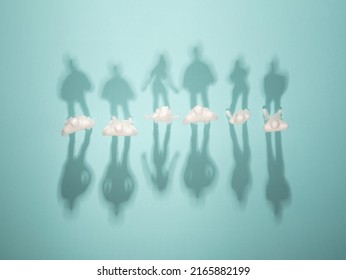 Group of people top view with double shadow silhouettes. Personality, individuality surreal concept.