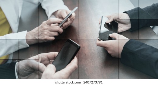 Group of people using and looking at mobile phone together, geometric pattern