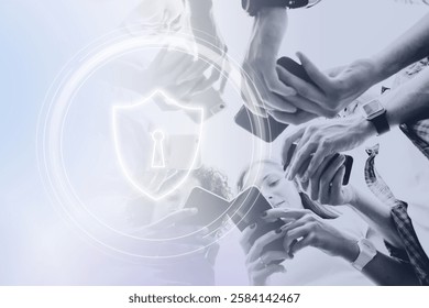 Group of people using smartphones, symbolizing digital security. Digital security with smartphones. Communication technology image. Using digital device for communication and security.