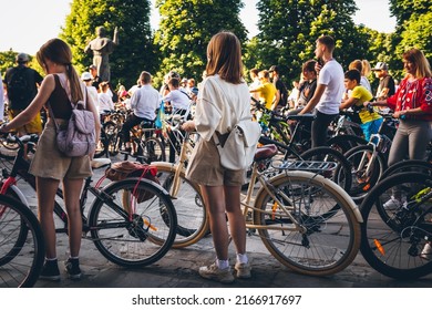 A Group Of People Waiting For The Start Of The Bike Race In Support Of Ukraine Against The Russian Invasion. Event, Big Bike City Ride In Uzhhorod, Ukraine - May 2022.