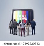 Group of people watching fake news on TV, they are standing in front of an old television and looking at the screen