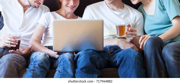 Group Of People Watching Online Video Or  Streaming Tv At Home On Computer, Banner