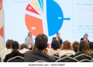 Group Of People Watching Presentation On Large Screen And Listening To Speaker During Business Lecture In Modern Hall