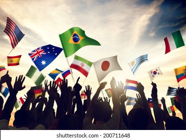 Group Of People Waving Flags In World Cup Theme