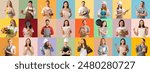 Group of people wearing aprons on color background