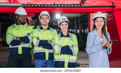 A group of people wearing safety gear and smiling for a photo. Scene is positive and friendly - Powered by Shutterstock