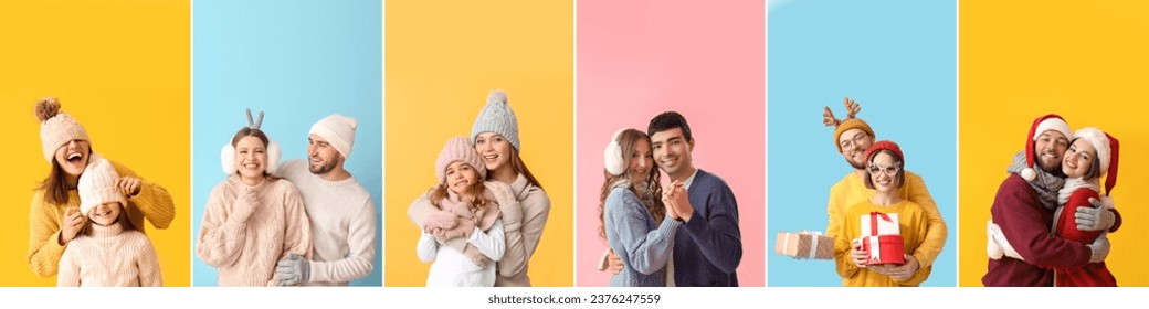 Group of people in winter clothes on color background. Christmas celebration - Powered by Shutterstock