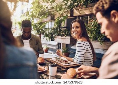 Group of people, woman and portrait at lunch with colleagues for business meeting or team building. Coworkers, positive and cheerful in restaurant for celebration or success in collaboration for work - Powered by Shutterstock