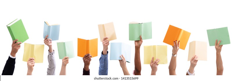 Group Of People's Hand Holding Colorful Books Against Isolated On White Background