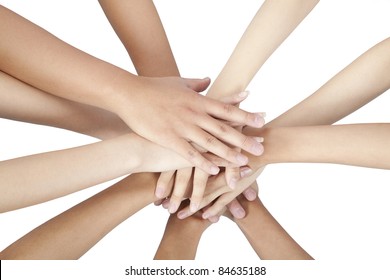 group of people's hands together isolated on white