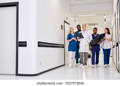 Group Photo Of Young Diverse Medics During Conversation With Senior Confident Doctor In Hospital Corridor Aisle. Medicine Concept