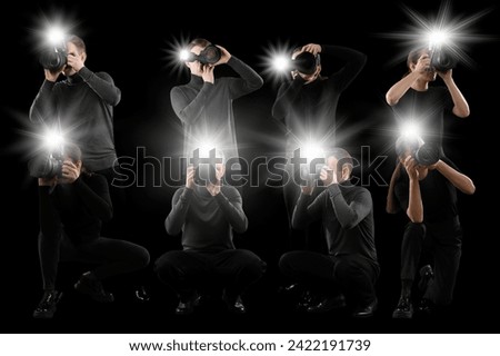 Similar – Close up side view profile portrait of one young middle age athletic woman shadow boxing in sportswear in gym over dark background, looking away