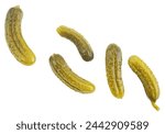 Group of pickled cucumbers isolated on a white background, view from above. Cornichons - small pickled cucumbers.