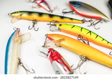 Group of plastic fish baits on white surface The Concept of angling