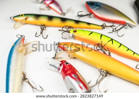 Group of plastic fish baits on white surface The Concept of angling