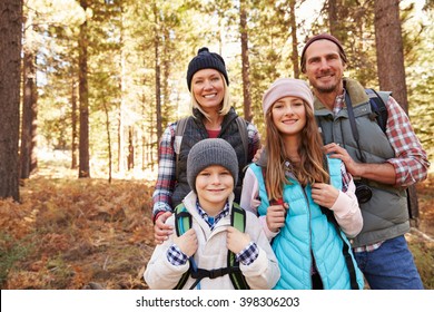 Group Portrait Of Family On Hike In Forest, California, USA