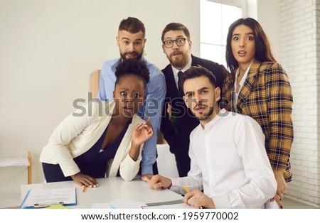 Group portrait of flabbergasted confused business people. Team of corporate employees shocked, baffled and afraid of financial scam, awkward mistake, bad result or different unexpected work situations Stock foto © 