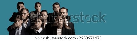 Group portrait of young people with hands close their mouth and do not allow to speak. Human rights, freedom speech, censorship and social issues concept. Composite image. Banner