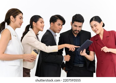 Group portrait of Young Asian Businesspeople talking while standing in a row. isolated on white background happy professional team people