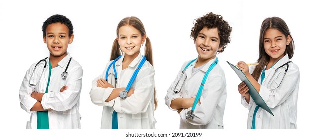 Group of positive multi-ethnic kids wearing medical uniforms and stethoscopes. Medical healthcare and support, concept of future doctors occupation - Powered by Shutterstock