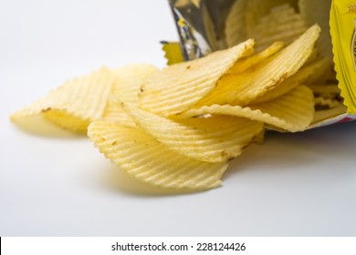 Group Of Potato Chips In Bag On White Background