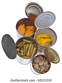 Group Of Preserved Canned Vegetables Including Yams, Yellow Squash, Green Beans, And Mushroom Slices And Pieces.  Isolated On White With A Clipping Path.