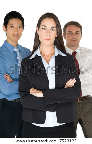 A group of professional adults in smart attire on white background