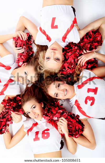 Group Professional Cheerleaders Posing Studio Isolated Stock Photo ...